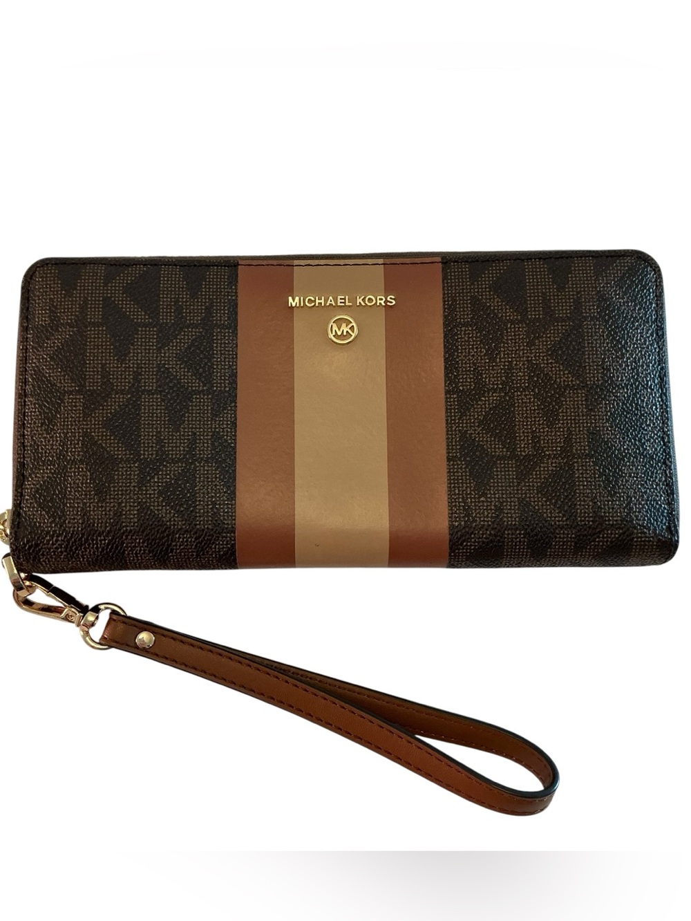 Michael Kors Large Wallet Center Stripe Continental Brown/Tan Logo Wristlet